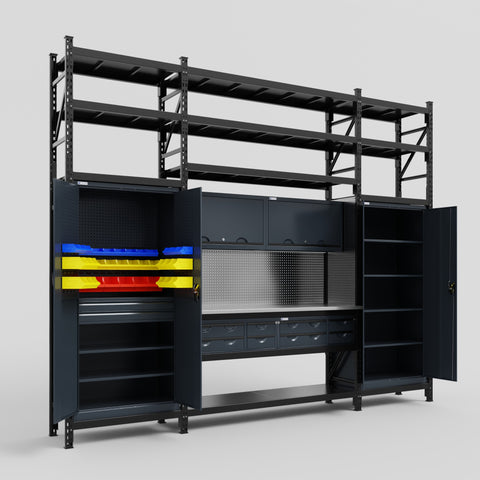 M121 Modular Work Bench with Shelves - H3100mm x W3840mm | Stainless WBT | Dark Grey