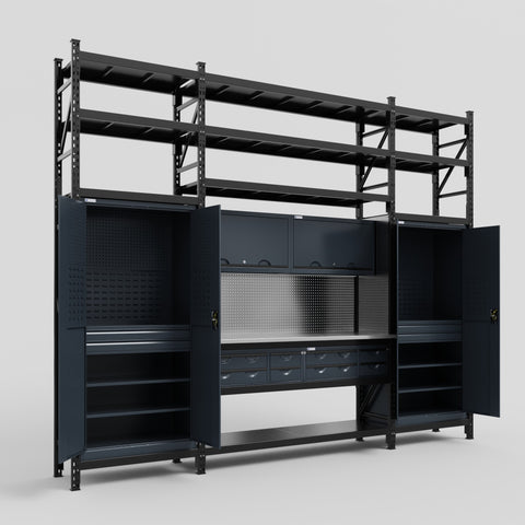 M121 Modular Work Bench with Shelves - H3100mm x W3840mm | Stainless WBT | Dark Grey