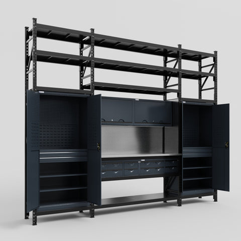 M121 Modular Work Bench with Shelves - H3100mm x W3840mm | Stainless WBT | Dark Grey