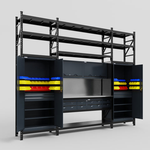 M121 Modular Work Bench with Shelves - H3100mm x W3840mm | Stainless WBT | Dark Grey