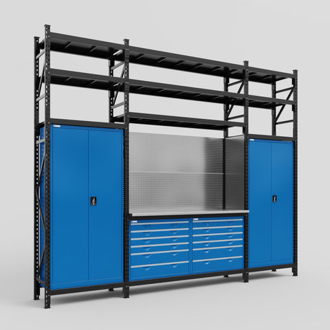 M121 Modular Work Bench with Shelves - H3100mm x W3840mm
