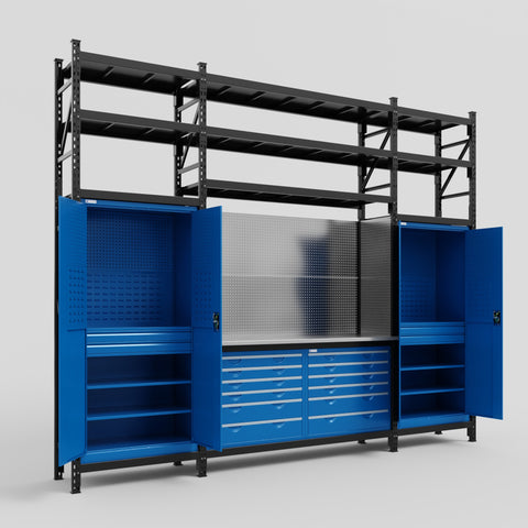 M121 Modular Work Bench with Shelves - H3100mm x W3840mm