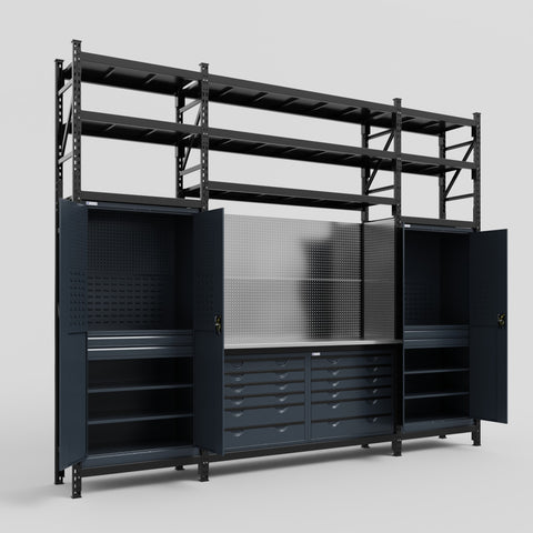 M121 Modular Work Bench with Shelves - H3100mm x W3840mm | Stainless WBT | Dark Grey