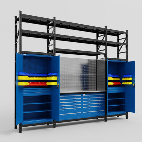 M121 Modular Work Bench with Shelves - H3100mm x W3840mm