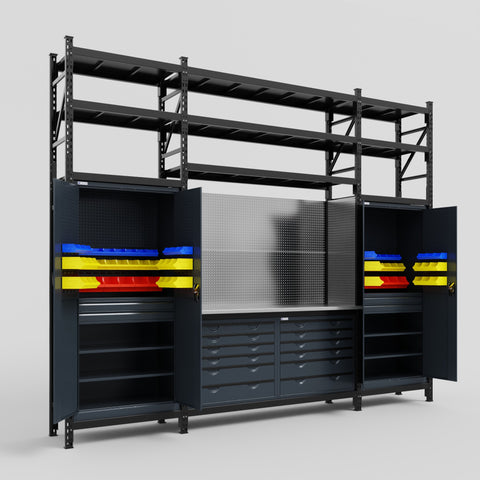 M121 Modular Work Bench with Shelves - H3100mm x W3840mm | Stainless WBT | Dark Grey