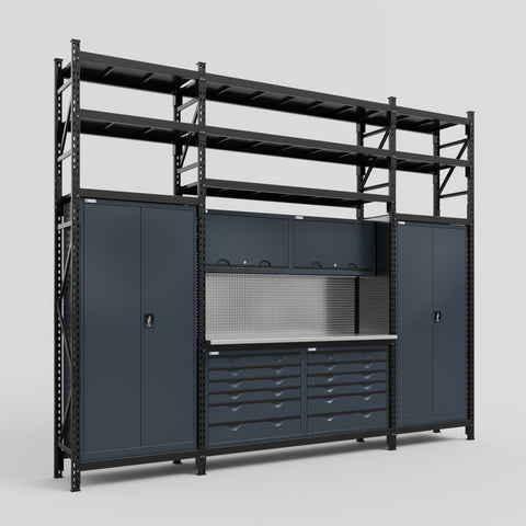 M121 Modular Work Bench with Shelves - H3100mm x W3840mm | Stainless WBT | Dark Grey