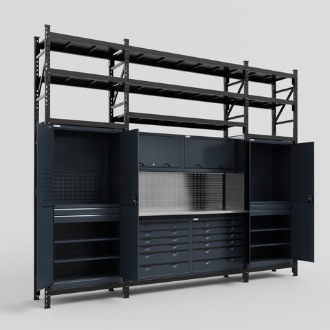 M121 Modular Work Bench with Shelves - H3100mm x W3840mm | Stainless WBT | Dark Grey