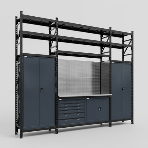 M121-3S Modular Work Bench with Shelves - H3100mm x W3840mm | Stainless WBT | Dark Grey