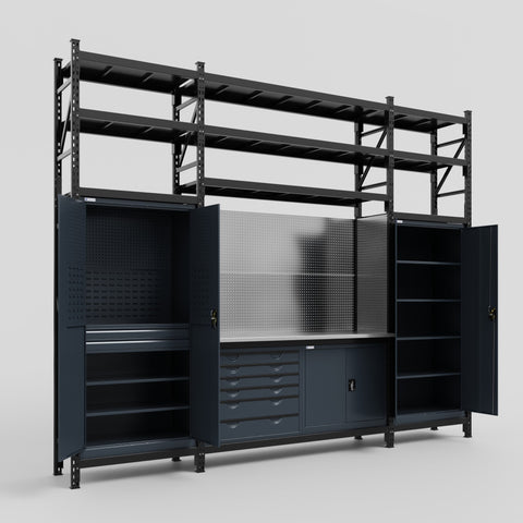 M121-3S Modular Work Bench with Shelves - H3100mm x W3840mm | Stainless WBT | Dark Grey