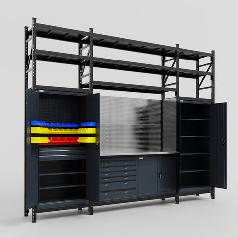 M121-3S Modular Work Bench with Shelves - H3100mm x W3840mm | Stainless WBT | Dark Grey