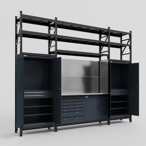 M121-3S Modular Work Bench with Shelves - H3100mm x W3840mm | Stainless WBT | Dark Grey