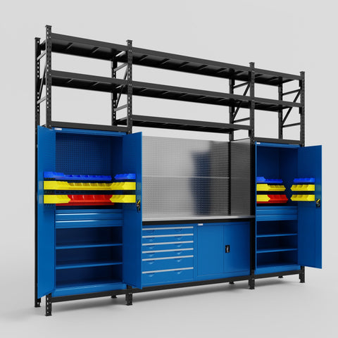 M121-3S Modular Work Bench with Shelves - H3100mm x W3840mm