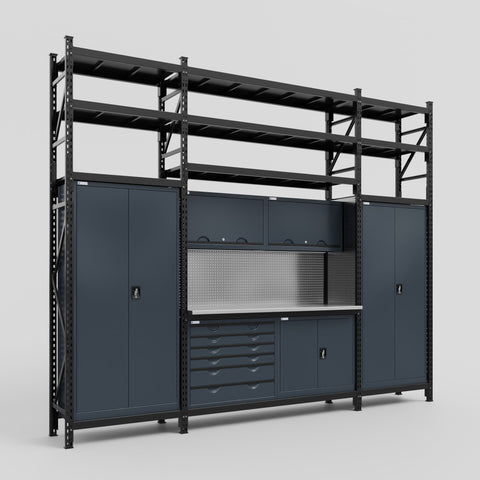 M121-3S Modular Work Bench with Shelves - H3100mm x W3840mm | Stainless WBT | Dark Grey
