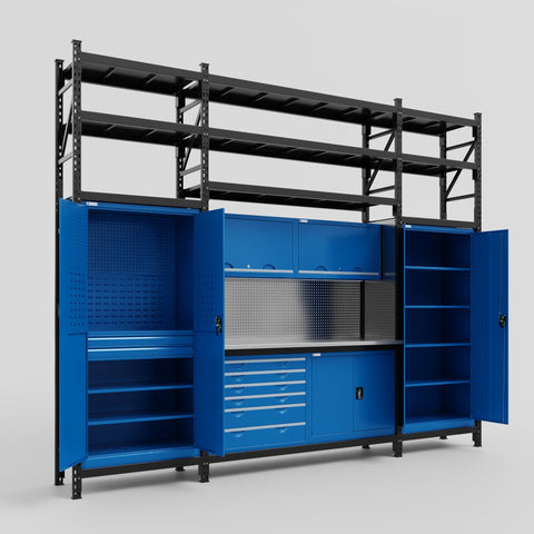 M121-3S Modular Work Bench with Shelves - H3100mm x W3840mm