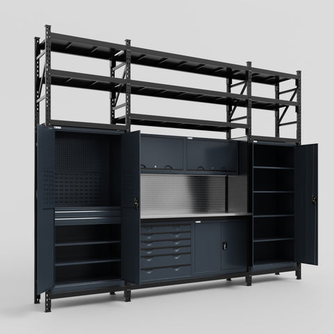M121-3S Modular Work Bench with Shelves - H3100mm x W3840mm | Stainless WBT | Dark Grey