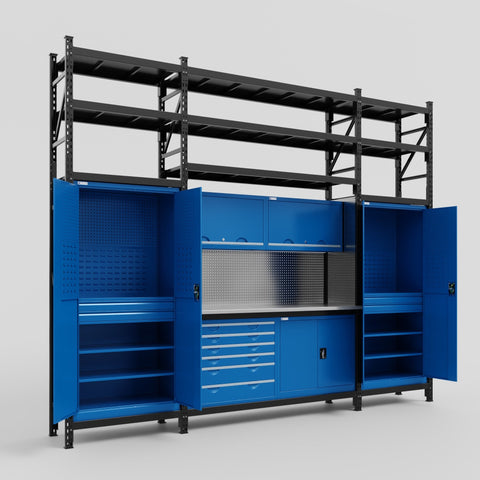 M121-3S Modular Work Bench with Overheads & Shelves - H3100mm x W3840mm
