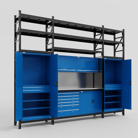 M121-3S Modular Work Bench with Shelves - H3100mm x W3840mm