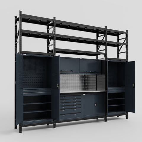 M121-3S Modular Work Bench with Shelves - H3100mm x W3840mm | Stainless WBT | Dark Grey