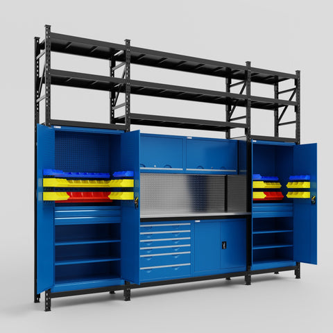 M121-3S Modular Work Bench with Shelves - H3100mm x W3840mm