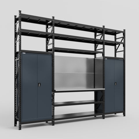 M121 Modular Work Bench with Shelves - H3100mm x W3840mm | Stainless WBT | Dark Grey