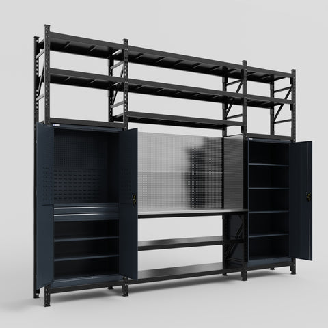M121 Modular Work Bench with Shelves - H3100mm x W3840mm | Stainless WBT | Dark Grey