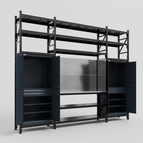 M121 Modular Work Bench with Shelves - H3100mm x W3840mm | Stainless WBT | Dark Grey