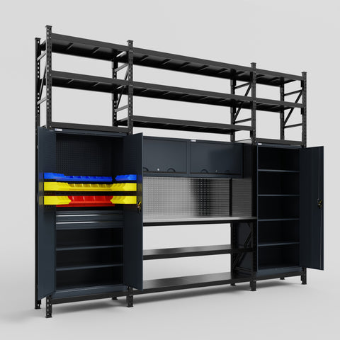 M121 Modular Work Bench with Shelves - H3100mm x W3840mm | Stainless WBT | Dark Grey
