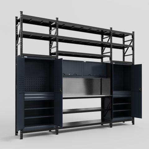 M121 Modular Work Bench with Shelves - H3100mm x W3840mm | Stainless WBT | Dark Grey