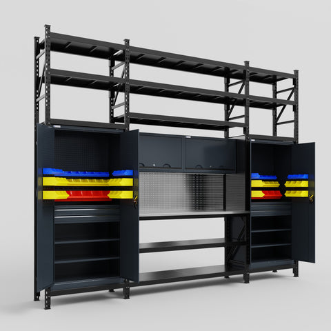 M121 Modular Work Bench with Shelves - H3100mm x W3840mm | Stainless WBT | Dark Grey