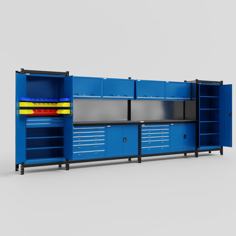 M1221-2 Modular Work Bench with Overheads - H2100mm x W5700mm | Laminate WBT | Blue