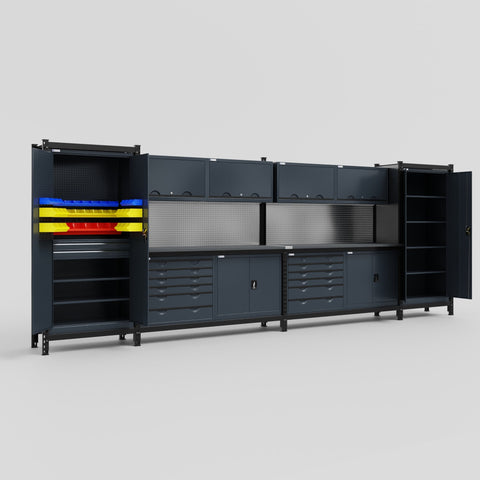M1221-2 Modular Work Bench with Overheads - H2100mm x W5700mm | Laminate WBT | Dark Grey