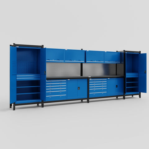 M1221-2 Modular Work Bench with Overheads - H2100mm x W5700mm | Laminate WBT | Blue