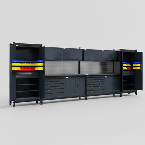 M1221-2 Modular Work Bench with Overheads - H2100mm x W5700mm | Laminate WBT | Dark Grey