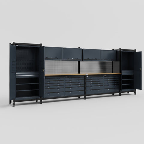 M1221-2 Modular Work Bench with Overheads - H2100mm x W5700mm | MDF WBT | Dark Grey