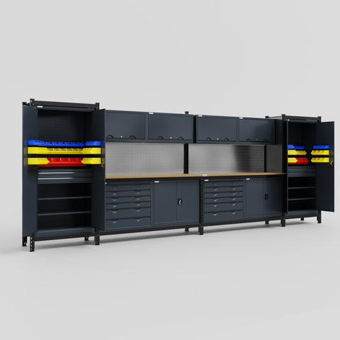 M1221-2 Modular Work Bench with Overheads - H2100mm x W5700mm | MDF WBT | Dark Grey
