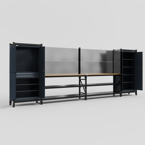 M1221-2 Modular Work Bench with Overheads - H2100mm x W5700mm | MDF WBT | Dark Grey