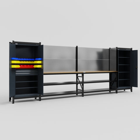 M1221-2 Modular Work Bench with Overheads - H2100mm x W5700mm | MDF WBT | Dark Grey