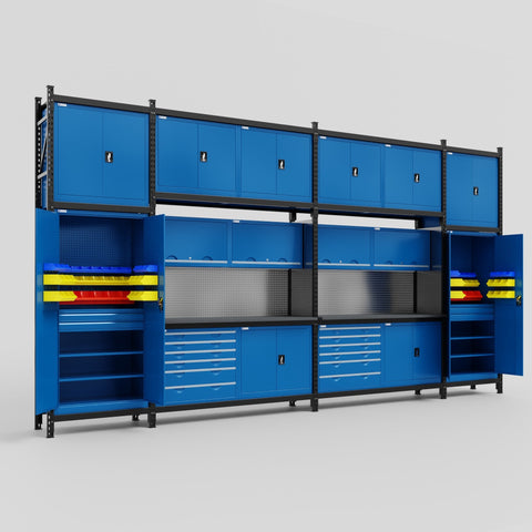 M1221-3C Modular Work Bench with Overheads - H3100mm x W5700mm | Laminate WBT | Blue