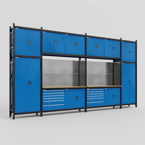 M1221-3C Modular Work Bench with Overheads - H3100mm x W5700mm | MDF WBT | Blue