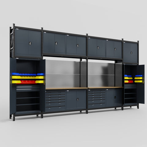 M1221-3C Modular Work Bench with Overheads - H3100mm x W5700mm | MDF WBT | Dark Grey