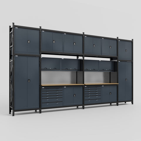 M1221-3C Modular Work Bench with Overheads - H3100mm x W5700mm | MDF WBT | Dark Grey
