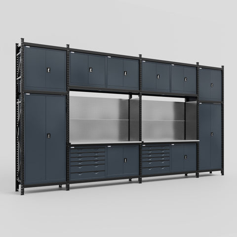 M1221-3C Modular Work Bench with Overheads - H3100mm x W5700mm | Dark Grey