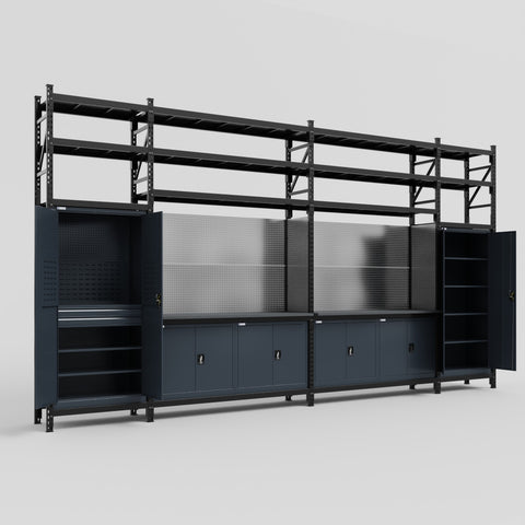 M1221 Modular Work Bench with Shelves - H3100mm x W5700mm | Laminate WBT | Dark Grey