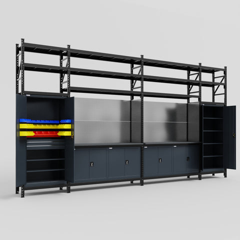 M1221 Modular Work Bench with Shelves - H3100mm x W5700mm | Laminate WBT | Dark Grey
