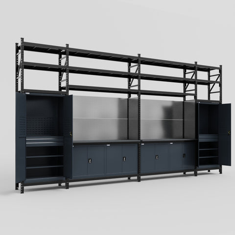 M1221 Modular Work Bench with Shelves - H3100mm x W5700mm | Laminate WBT | Dark Grey