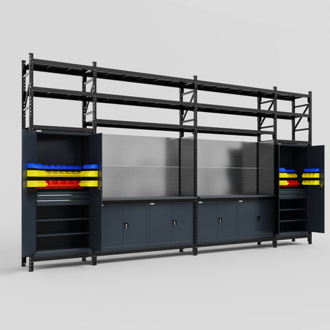 M1221 Modular Work Bench with Shelves - H3100mm x W5700mm | Laminate WBT | Dark Grey
