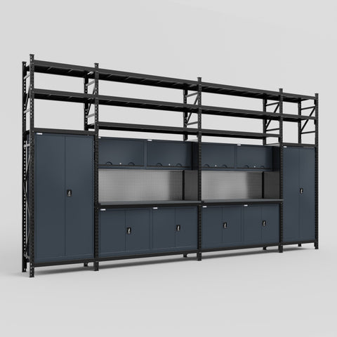 M1221 Modular Work Bench with Shelves - H3100mm x W5700mm | Laminate WBT | Dark Grey
