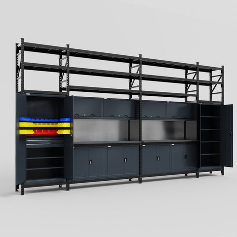 M1221 Modular Work Bench with Shelves - H3100mm x W5700mm | Laminate WBT | Dark Grey