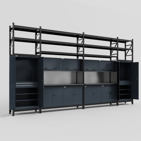 M1221 Modular Work Bench with Shelves - H3100mm x W5700mm | Laminate WBT | Dark Grey