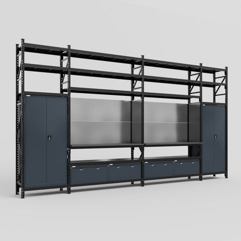 M1221 Modular Work Bench with Shelves - H3100mm x W5700mm | Laminate WBT | Dark Grey
